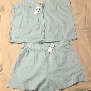LOFT Sky Blue Button-Up Top and Shorts Set